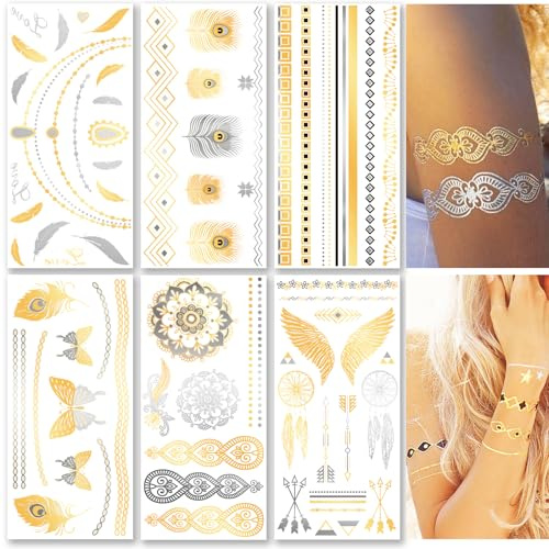 Sugeru Neue 6 große Blatt Gold Metallic Temporäre Tattoos(40+Designs) Festival Zubehör | Musik Festival Accessoires | Festival Glitzer Gesicht | Henna Tattoo | Flash Tattoos Aufkleben Damen