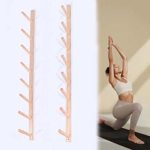 Holz-Yogamattenhalter, Wandhalterung, großes Fassungsvermögen, Aufbewahrungsregal für Trainingsmatten und Schaumstoffrollen, 8 Ebenen, Regale für Studio, Yoga-Raum und Büro