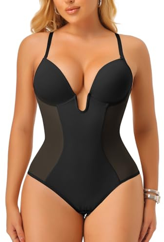 Joyshaper Women Backless Shapewear Bodysuit U Plunge Shaping Body Shaper Built in Bra Briefs Tummy Control Push Up Underwear Black,L