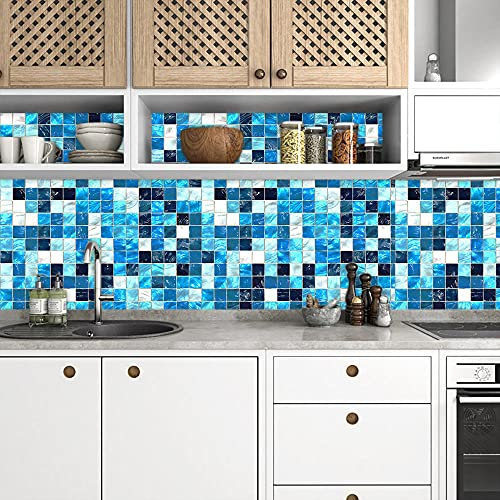 Stick on Tiles Aqua Blue Marble Tile Stickers PVC Self Adhesive Wall Tiles Heat Resistant Tile Stickers for Kitchen Bathroom Waterproof Peel and Stick Floor Tiles Tile Paint