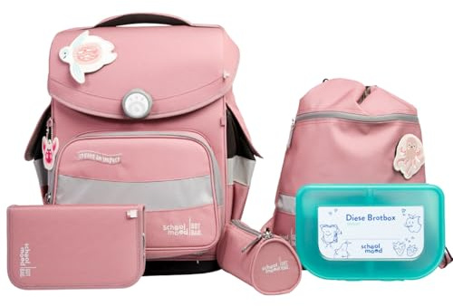 School-Mood Timeless Pro Schulranzenset 7-teilig 23,5L Stauraum, ergonomisches Easy Fit System für 1 m bis 1,50 m Körpergröße, standfest, wasserdichter Stoff mit Reflektoren (Axolotl Ocean Collection)