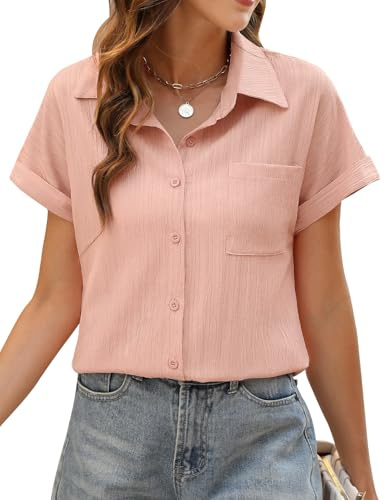 PASUDA Blusas Mujer Verano Camisas Manga Corta Blusa Elegante Camisa Cuello en V Túnica Tops Casual Camisetas Sueltas Blusas con Botones Color Sólido Shirts (Rosa, M)