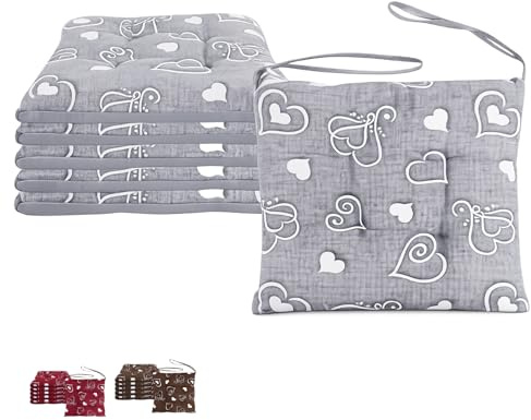 VIRSUS Set 6 Cuscini per Sedie a 4 Punti con Lacci 022, Misura 40x40 cm, Coprisedia da cucina, Imbottitura Poliestere e Rivestimento Cotone e Poliestere, Made in Italy (Grigio con Cuori)