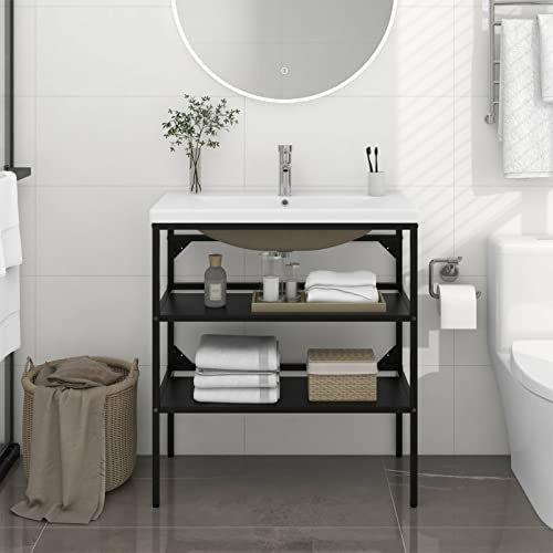 Juroupi Bathroom Washbasin Frame with Built-in Basin Black Iron,Bathroom Vanity Storage,Bathroom Washbasin Frame,Home Bathroom Washbasin Frame-3101378