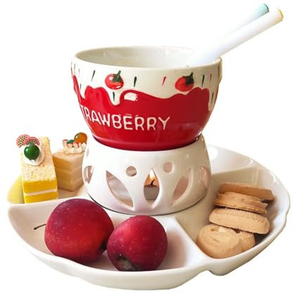 KANLVU Set à Fondue Au Chocolat 500ml Céramique Dessert Tapas Set à Fondue Au Fromage, Appareil Fondue Chocolat avec Plateaux(Rouge)
