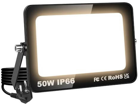 SKYWORLD 50W Faretti a LED per Esterni, 5000LM Faretto Led con Spina | Proiettore Fari di sicurezza, IP66 Impermeabile Lampada Faro per Terrazza Giardino Cortile Patio Garage, 3000K Bianco Caldo