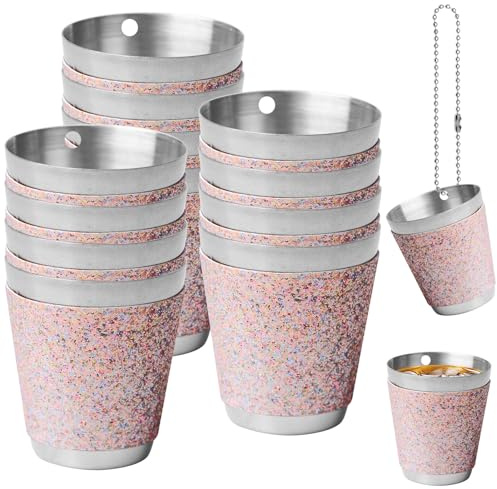 Asfrode 12 x Schnapsgläser Edelstahl Schnapsglas mit Kette, 30ml Schnapsbecher Wiederverwendbare Shotgläser Shot Becher Metall zum Umhängen für Hochzeitsfeiern Karneval Partys (Bunt)
