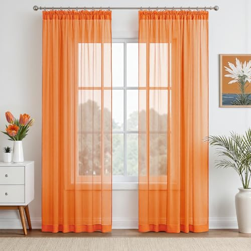 EMEMA Gardinen Vorhänge mit Kräuselband 2er H225xB140cm Orange Vorhang | Transparente Gardine Vorhänge mit Kräuselband aus Einfarbig Transparent Voile Wohnzimmer Luftig Dekoschal für Schlafzimmer