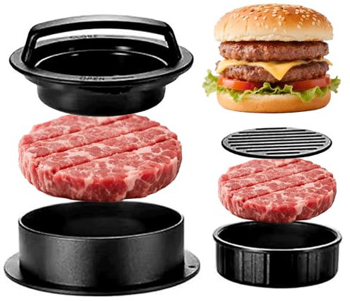 Burger Press 3 in 1 Non-Stick Meat Beef Veggie Hamburger Mold 50 Patty Papers Set Hamburger Press Patty Maker Kitchen Gadgets to Make Patty for Stuffed Slider BBQ Barbecue Grilling Mold Burger Shaper