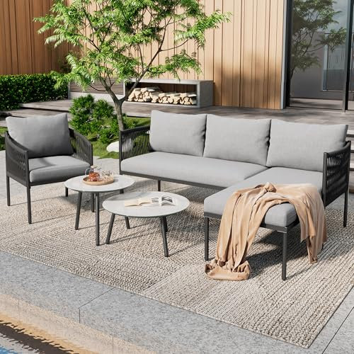Merax Gartenmöbel-Set, mit Ecksofa + Sessel + 2 Couchtische, verzinktes Stahlrohr, handgewebte Seilarmlehnen, marmorlackierte Glastischplatte, für Garten, Terrasse, Balkon, Grau