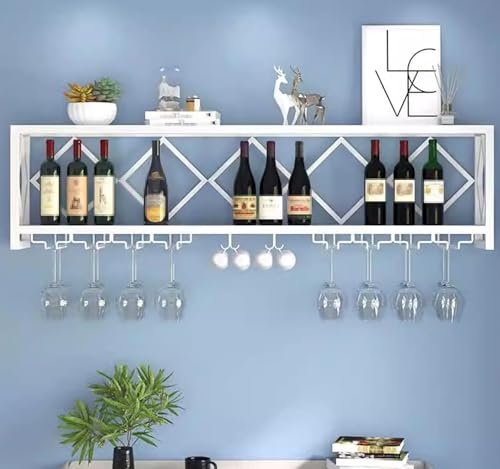 GLMGBP An der Wand montiertes Weinregal mit Glashalter und Lagerregalen, Weinschrank-Dekor für Zuhause, für Weinflaschen und Gläser, Weiß, 60 x 25 x 45 cm