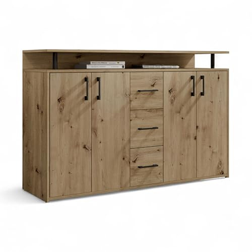 Drift Highboard mit Ablage in Artisan Eiche Optik - Moderner Wohnzimmerschrank mit Schubladen und viel Stauraum für Ihren Wohnbereich - 139 x 90 x 34 cm (B/H/T)