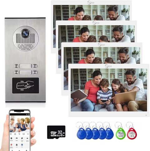 Videocitofono cablato per appartamenti, campanello HD 1080P, monitor da 7 pollici, videocitofono intelligente con telecamera e sistema di citofonia per multifamiliari (4 Famiglia)
