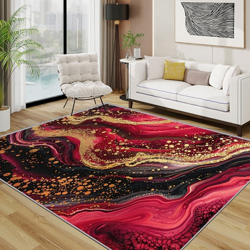 TerroVee Marmor Teppich 140x200 cm, Rot Gold Abstrakt Luxus Teppich Wohnzimmer, Modern Kunst Kurzflor rutschfest Pflegeleicht Teppiche Für Jugendzimmer Schlafzimmer, Rot Gold