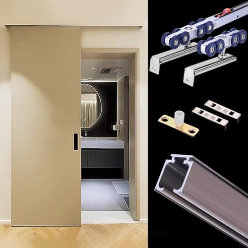 HWLL Sliding Door Kit Concealed Sliding Barn Door Hardware with Soft Close Mechanism, Heavy Duty Aluminum Box Rail Kit, Bathroom Living Room Closet Door Track(Brown,230cm(90.6in))