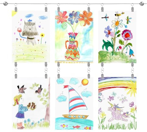 UFURMATE Kit di filo per appendere opere d'arte per bambini, 1 set di filo per appendere quadri, con clip, regolabile, decorazione da parete per bambini, disegni e foto (3 m)
