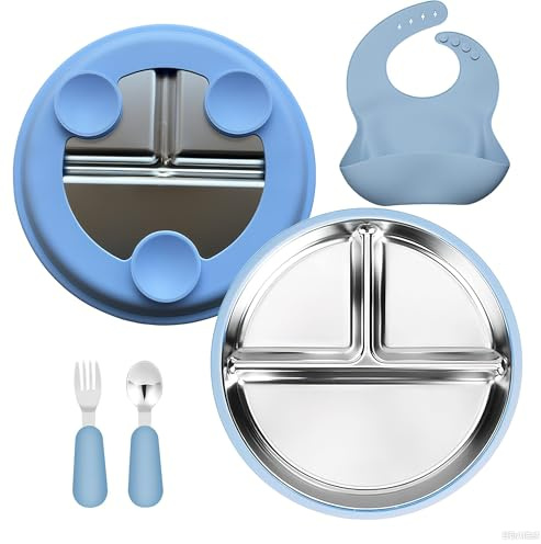 Tadpolez Set de Alimentación para Bebé Antideslizante con Plato de Acero Inoxidable con Ventosa Incluye: 1 Plato Dividido con Funda de Silicona 1 Set de Cubiertos (Cuchara y Tenedor) 1 Babero 3D - Azu