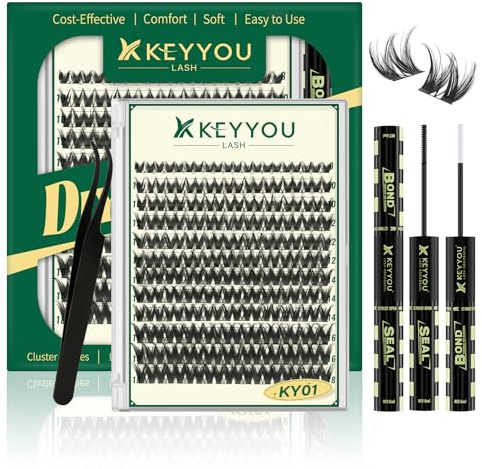 KEYYOU DIY Lash Cluster Kit, D Curl 8-16mm Lashes with Bond and Tweezers | Soft light fiber cluster lashes with glue tweezer easy DIY home lashes reusable salon-free fluffy daily party eye makeup KY01