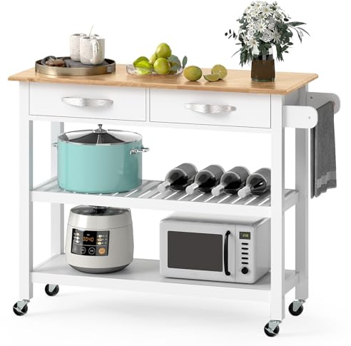 COSTWAY Isla de Cocina con Almacenamiento, Carrito Auxiliar de 3 Niveles con 4 Ruedas, con Encimera de Madera, 2 Cajones, 2 Estantes Abiertos y Asa Lateral, Carro de Servicio para Comedor (Blanco)