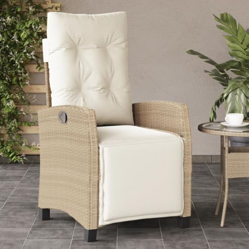 Mandloder Gartensessel mit verstellbarem Fußteil, Beige, aus wetterfestem Poly Rattan, für Garten, Terrasse und Balkon, mit bequemen Polstern, UV-beständig, 110 kg Traglast