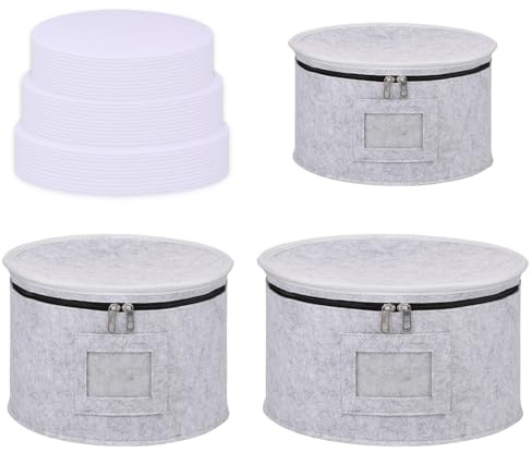 Caffney 3Pcs China Storage Cases with 36 Round Dividers Thick Felt China Storage Containers Dish Storages Containers Foldable Dinner Plate Storage Box for Dinnerware Storages and Transport(3Pcs Grey)