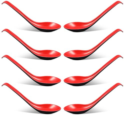 8 Pcs Asian Soup Spoons, Ramen Spoon, Japanese Soup Spoon, Chinese Won Ton Spoons with Long Handle and Hook for Soba, Rice, Pho, Ramen, Noodle(Red and Black)