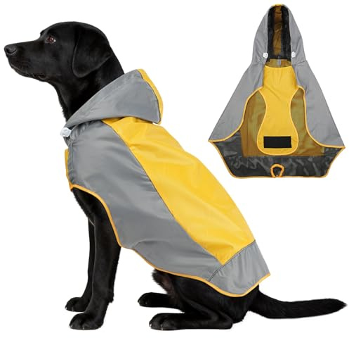 AOOWU Impermeable para Perros con Capucha y Cuello, Ropa para Mascotas Ajustable con Bolsa de Almacenamiento, Tiras Reflectoras Seguras Visibilidad Alta para Perro Pequeños, Medianos y Grandes