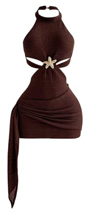 Verdusa Women's Cut Out Starfish Boho Dress Ruched Backless Halter Dress | Bohemian Cruise Party Brunch Date Night Sleeveless Tie Backless Metal Starfish Bodycon Knit Vacation, Brown, Small