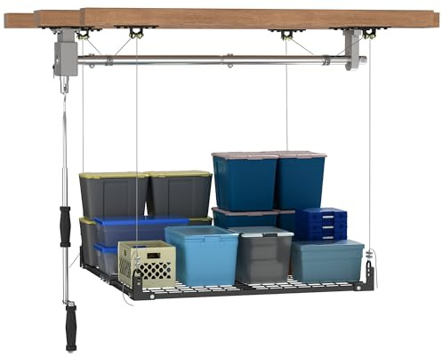 UODENGA Overhead Garage Storage Rack,4x4FT Garage Ceiling Storage Racks,Lift Storage Rack with Secure Lock,Holds 400 Lbs for Easy Up Down,Professional Organization System