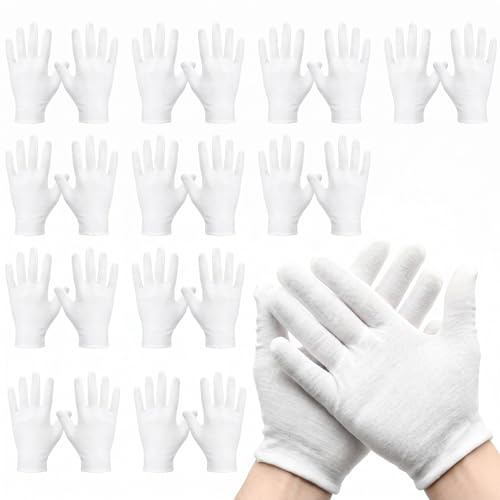 Werownsgso 12 guanti in cotone da 22 cm, riutilizzabili, morbidi guanti in tessuto, adatti per la cura delle mani, l'ispezione dei gioielli e la cura notturna (bianco)
