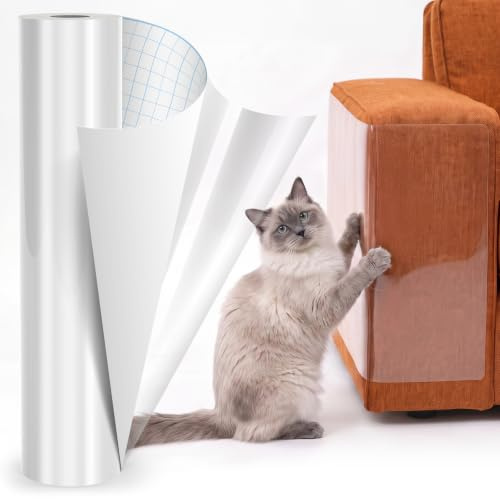 X XBEN 5M x 20CM Kratzschutz Sofa Katze Transparent, Kratzmatte Selbstklebend für Moebel Couch, Möbel vor Kratzern Bewahren, Mit Eingedruckten Maßlinien Leicht Zuschneidbar, mit Rakel