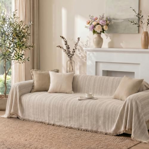 Homcomodar Sofa überzug 2 Sitzer Fischgrät Chenille mit Quasten Sofabezug l Form Wasserabweisend Waschbar Couch überzug Kratzschutz für Hunde Katzen Kinder Sofaüberwurf Khaki 180x260 cm