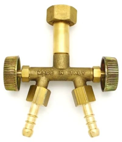 Raccordo due uscite con rubinetto di intercezione per bombola
