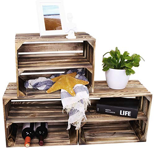 LAUBLUST Vintage Holzkisten 3er Set - Weinkiste Regalboden Längs - 40x30x25cm, Geflammt, Unbenutzt | Deko & Möbelkiste