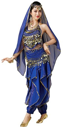 Wuchieal Bauchtanz Kostüm 4 Teile Oberteil Hose Hüftschal Schleier für Damen (Dunkelblau, One size)