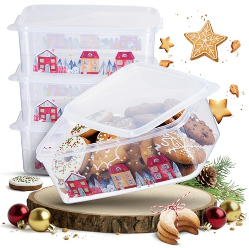 MiraHome Keksdosen 4er Set transparent mit Häuser-Design 2,5L – Rechteckige Plätzchendosen – Ideal als Keksdose für Weihnachten – Plätzchendose für die Weihnachtszeit