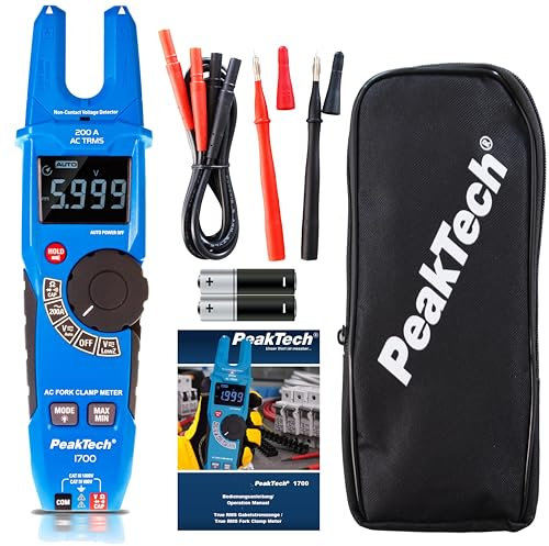 PeakTech 1700 – TRUE RMS Gabelstromzange 200 A AC, Spannungsdetektor mit LCD Anzeige, Gabelförmiges Zangenmessgerät, Berührungsloser Spannungsmesser, Durchgangsprüfer, Prüfgerät - Max. 1000 V, Blue