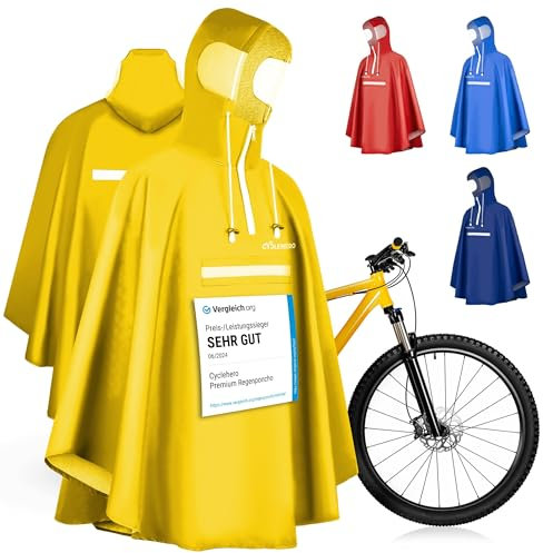 Regenponcho Fahrrad extra wasserdicht und robust - TEST SEHR GUT - Premium Regencape Fahrrad mit Reflektoren, Sichtfenster - Regenbekleidung als Regenponcho Herren und Damen - Regenjacke Gelb in M