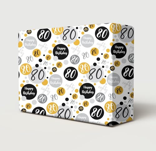 Geschenkpapier zum 80. Geburtstag, Schwarz, Gold, Silber, 2 Bögen + 2 Geschenkanhänger, Geschenkpapier für Männer und Frauen (PA)