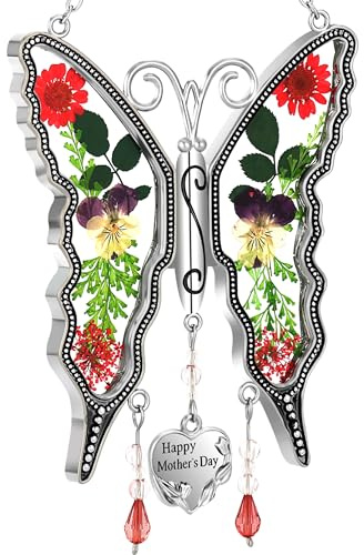 KY&BOSAM Gifts for Women Happy Mother`s Day Butterfly Suncatcher Stained Glass Suncatcher for Window Hanging Home Decor Wind Chime with Pressed Real Flower Garden Decor Gifts for Mom Mothers Day