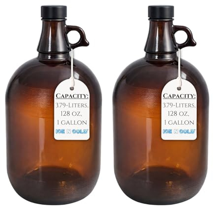 C-Store Packaging 1 Gallon (128oz) Glazed Amber Glass Jug With 38mm Cap - Pack of Two, Large