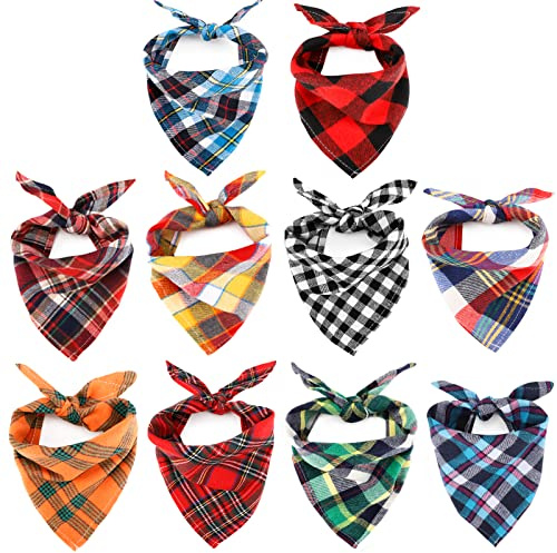 Segarty Fall Dog Bandanas, 10 Pack 22.8x15.7 Plaid Bibs Pet Triangle Scarf Accessories Bulk for Small Medium Cats Dogs Large Puppy Dogs, Washable Adjustable Boy Pets Birthday Kerchief