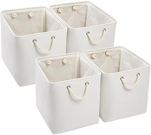 Mangata Set di 4 Scatole per Armadio,Cesto portaoggetti Tessuto, Cestino portaoggetti con Corde, 33 x 38 x 33 cm, per Guardaroba, Armadio, Scaffali (4 Pack, Bianco)
