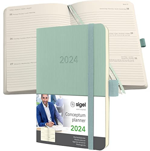 SIGEL C2439 Terminplaner Wochenkalender 2024, ca. A6, grün, Softcover, 176 Seiten, Gummiband, Stiftschlaufe, Archivtasche, PEFC-zertifiziert, Conceptum