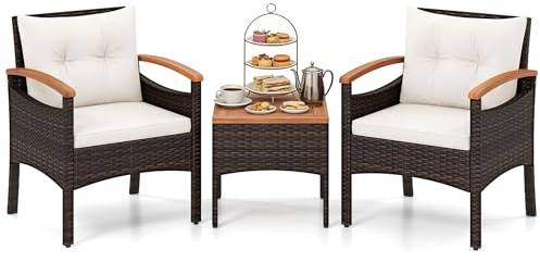 GIANTEX Salon de Jardin Extérieur 2 Personnes 3 Pcs en Résine, 1 Table Basse, 2 Fauteuils avec Coussin, Ensemble de Meuble de Jardin en Rotin PE avec Accoudoir pour Patio, Balcon, Blanc