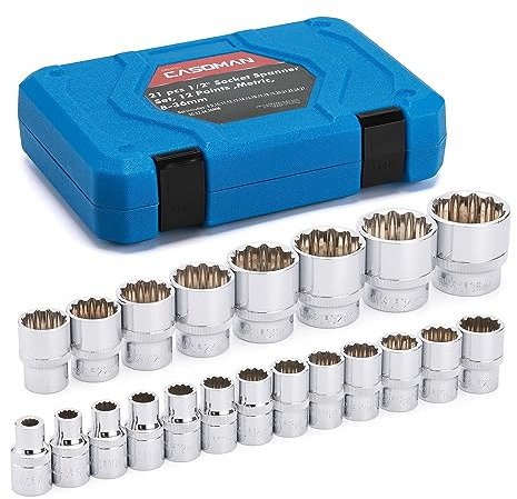 CASOMAN 21PCS 1/2-Inch Socket Spanner Set, 8-36mm, CR-V Steel, Multi-Tooth Nuts Car Nut, 12-Point Desgin, Metric