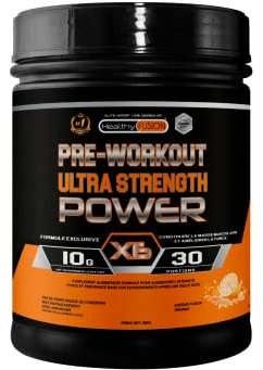 Healthy Fusion Pré Workout Puissant | Booster Énergie Pré-Entraînement avec Bêta-Alanine, Créatine, Caféine, Taurine, Vitamines B6, B9, B12, C | Saveur Orange | 300g