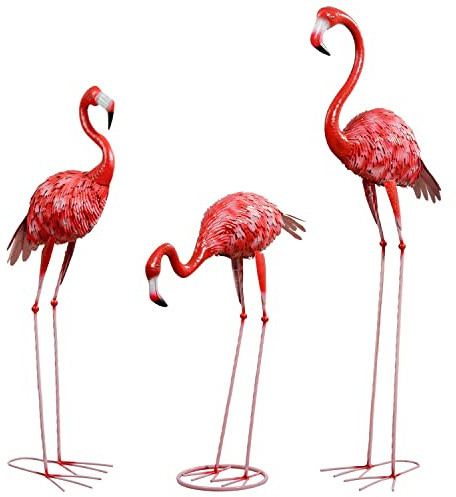 SIFOEL Flamants Roses Statues et Sculptures de Jardin, Métal Oiseau Cour Art Statue extérieure, Set de 3 Grandes Roses Flamingo pelouse décor Maison, terrasse, arrière - Cour