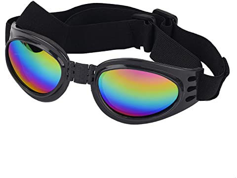 HIXNUG Haustierbrille mit verstellbarem Gurt, Hundebrille, Wind, Staub, Nebelschutz, Augenschutz, für Motorrad, Auto, Schwimmen (schwarz)