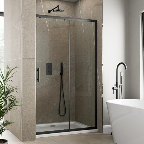 Luxura® 1400mm Sliding Shower Door Screen for Wet Room Cubicle Enclosures, 6mm Toughened Safety Glass, Framed, Reversible, Matt Black